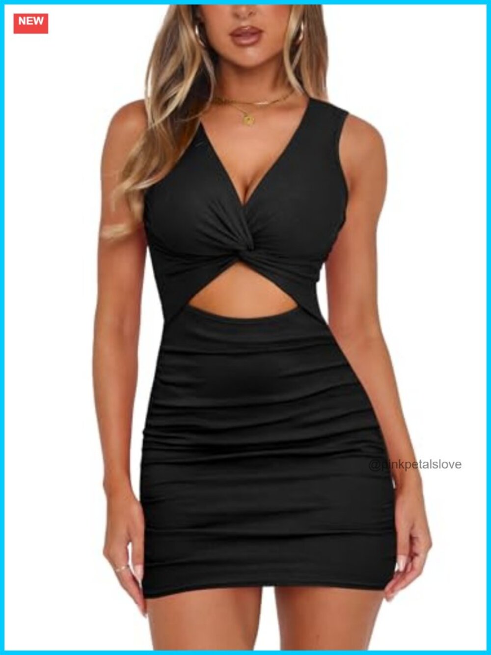 Sleeveless Deep V Neck Cutout Twist Front Ribbed Bodycon Mini Club Party Dress